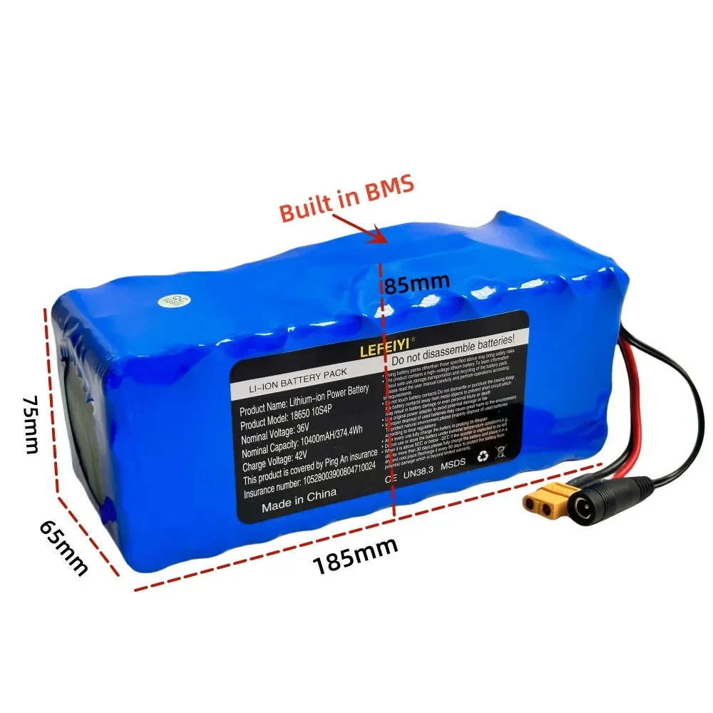 36V 10.4Ah Electric Bicycle Electric Scooter High-power Battery with Built-in BMS Protection 18650 10S4P