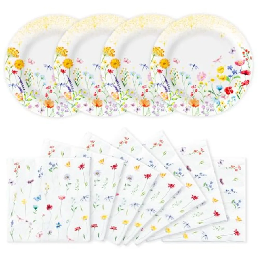 Wildflower Spring Paper Plates and Napkins Set Serve 25 Wild Flower Party Supplies Disposable for Summer Floral Baby Shower Tea