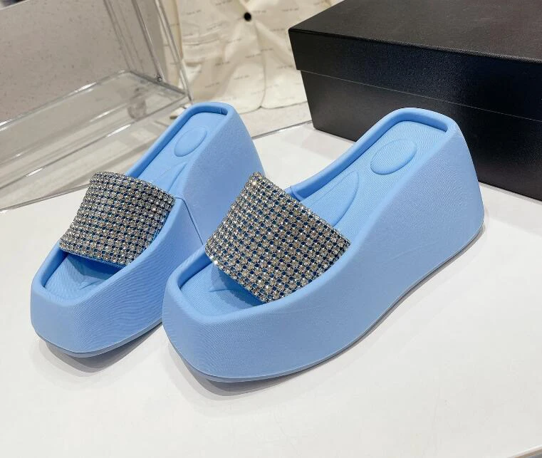 Thick Sole Women Summer Slipper Shoes Full Diamond Strap Slip on Open Toe Designer Height Increasing Girls Sandal Shoe