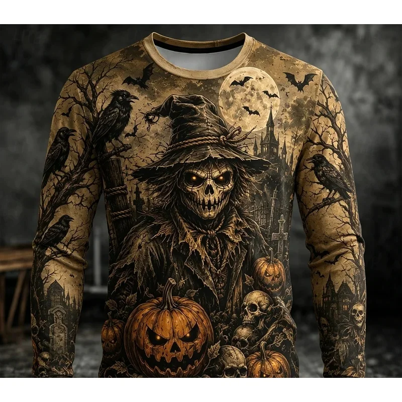 Men Vintage Halloween Long Sleeve T-shirt Grim Reaper Scarecrow Pumpkin Crow Graphic Crewneck Gothic Streetwear Top