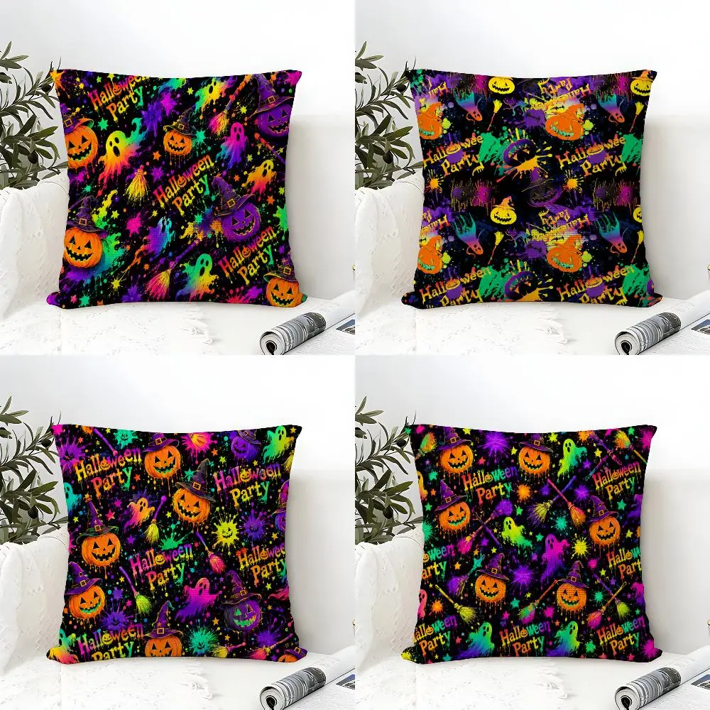 Neon Halloween Pumpkin Graphics Cushion Cover Natural Linen Organic Fabric Double-Sided Printing Breathable  Gift For Decor