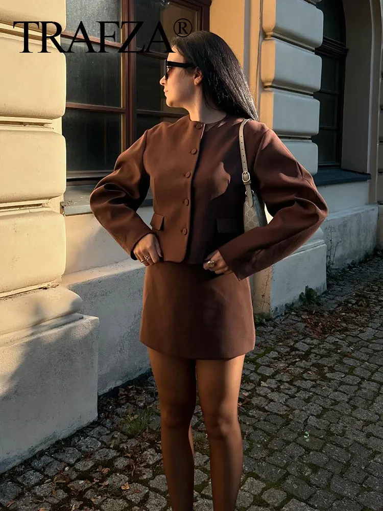 TRAFZA 2024 Autumn New Women Fashion Solid Set O Neck Balloon Type Short Coat Top + Wild Streetwear Slim Woman Brown Mini Skirt