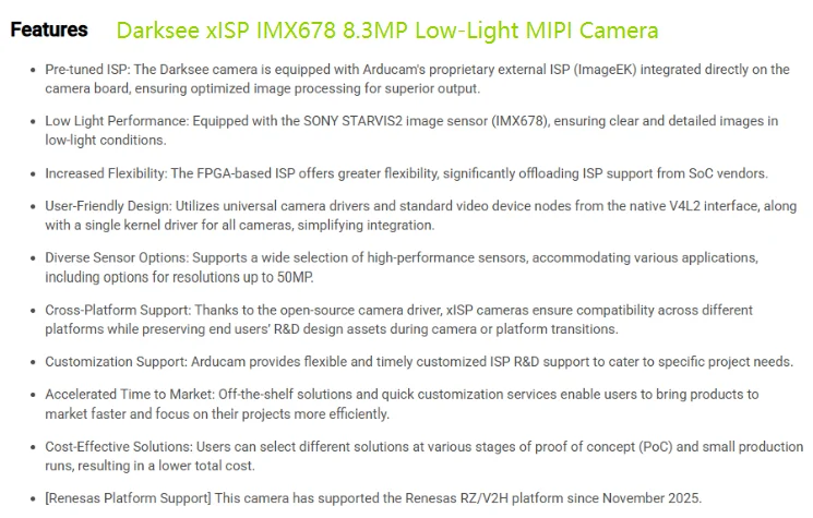 Arducam Darksee xISP IMX678 8.3MP Low-Light MIPI Camera, NVIDIA Jetson Orin NX/Nano & Renesas RZ/V2H, Pre-Tuned ISP