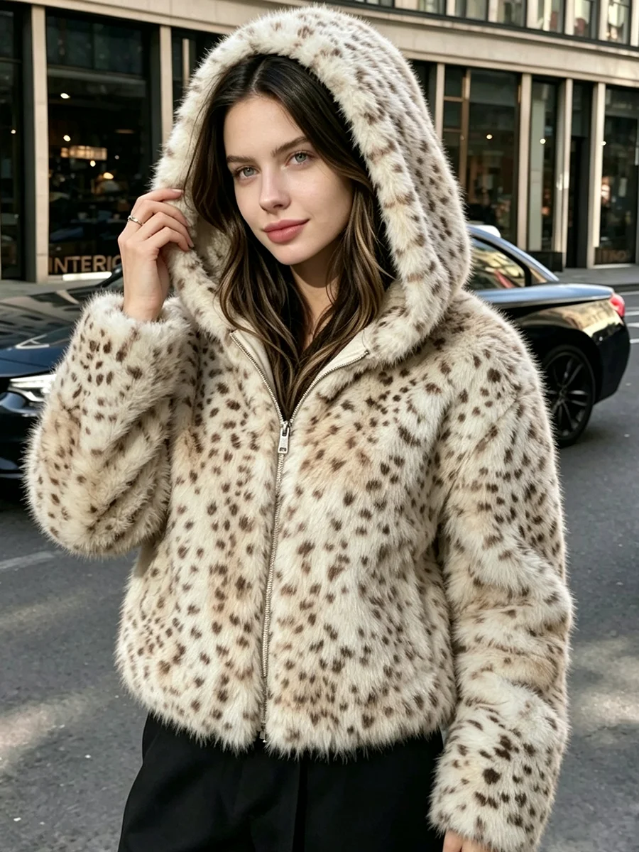 2026 Women Leopard Print Faux Fur Hooded Jacket, Zip Up Short Fluffy Warm Winter Fashion Outerwear Coat