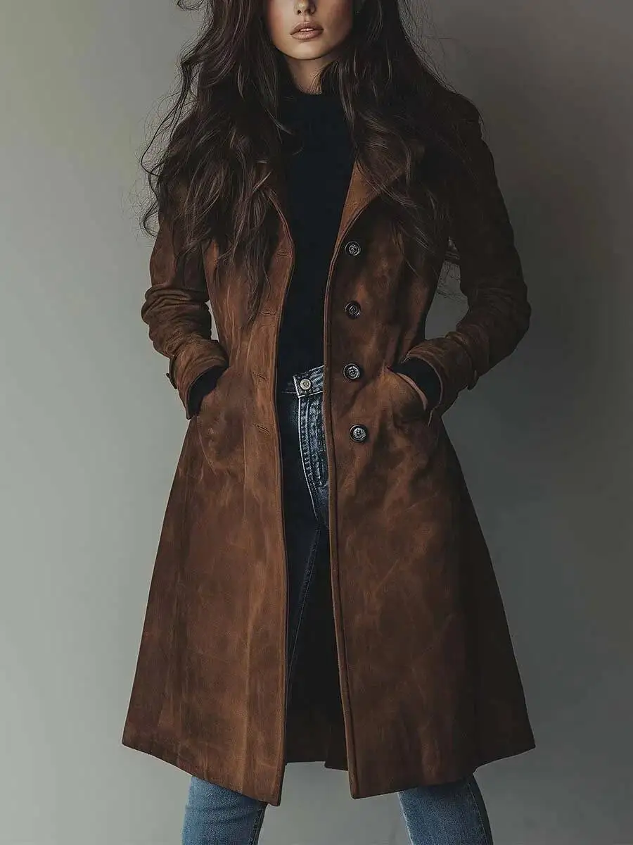 Elegant Suede Long Trench Coat Women Pocket Single Breasted Full Sleeve Brown Windbreaker 2025 Autumn Lady Street Outwears New