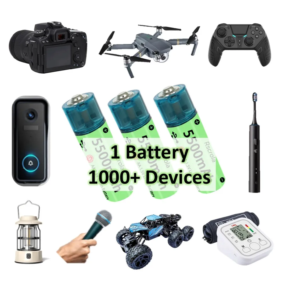 USB Charge AA Battery 5500mAh Rechargeable Lithium AA Battery Low Self-discharge 1200+ Cycle for Toys Clocks Game Controllers