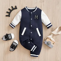 BabyBoys AndGirls Newborn Casual Solid Color Contrasting Children's Baseball Suit Cotton Spring And Autumn Long Sleeved Jumpsuit