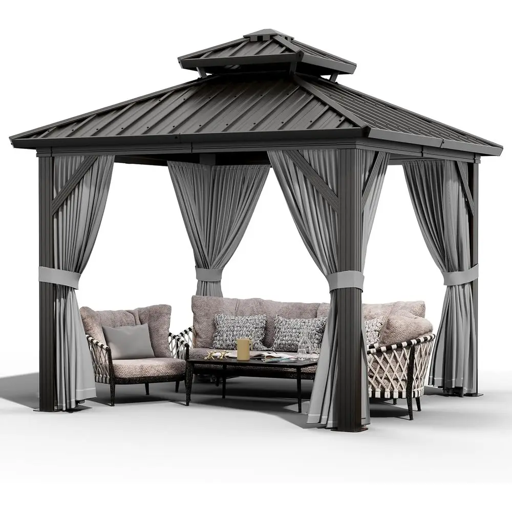 

Садовый павильон 10x10 с двойной крышей, прочный стальной, с сетками и шторами, для патио, террасы и сада, серый