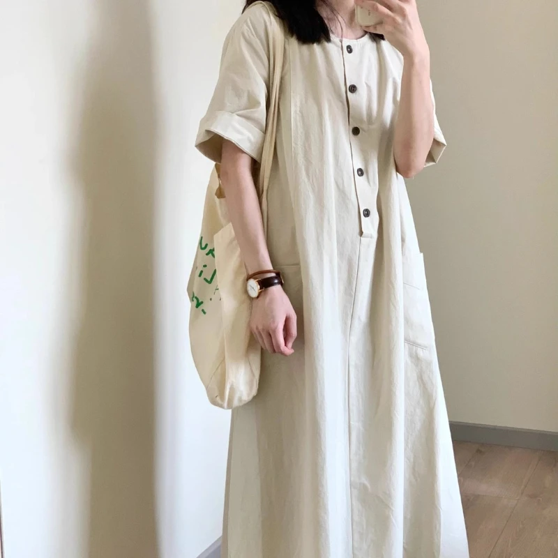 

Korean Fashion Vintage Short-sleeved Shirt Maxi Dresses for Women Summer Casual Loose Simple A Line Pockets Long Dresses Robe