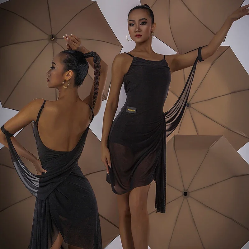 Novo vestido latino de malha com um braço, padrão nacional, roupas de dança de salão, vestidos femininos para prática de palco sl6911