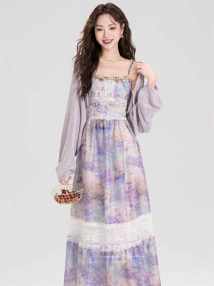 

Summer Unique Beautiful Dress Set Women's New Style Cover up with Strap Two Piece Set Long Sleeve V Neck Overhead Fashionable