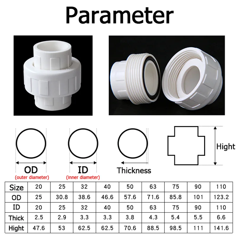 PVC Union 20/25/32/40/50/63/75/90/110mm White Plastic Connector 1/2