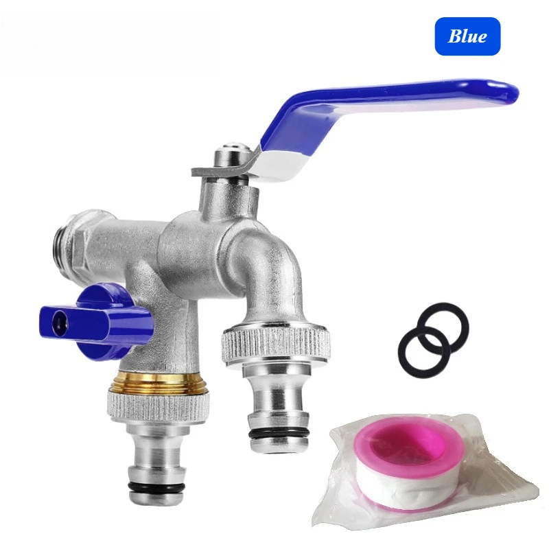 Brass Garden Water Faucet Tape Keys 1/2'' 3/4'' 1 Inlet 2 Outlet Bibcock with Dual Nipple Water Splitter Connector