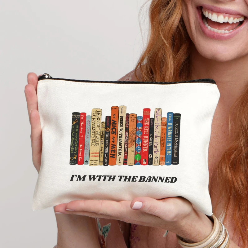 I'm with The Banned Pattern Books Cosmetic Bag Teacher Gift Travel Makeup Pouch Reading Wallet Library Bags Teacher Books