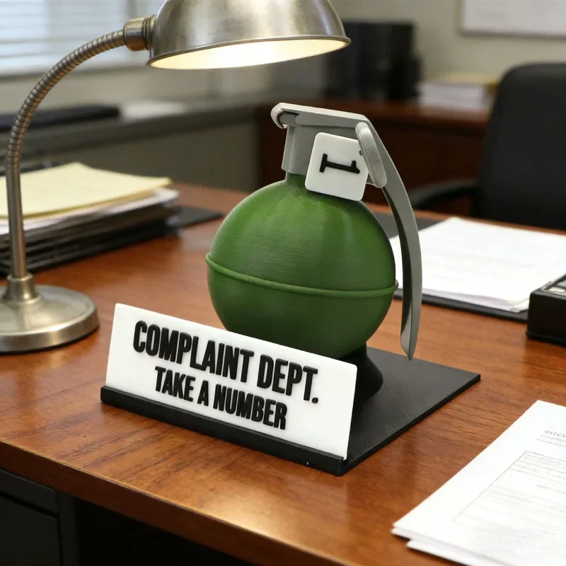 

Complaint Department Desk Sign 3D Printed Prank Gift Funny Grenade Desk Sign Decoration Funny Office Decoration Ornament Gifts