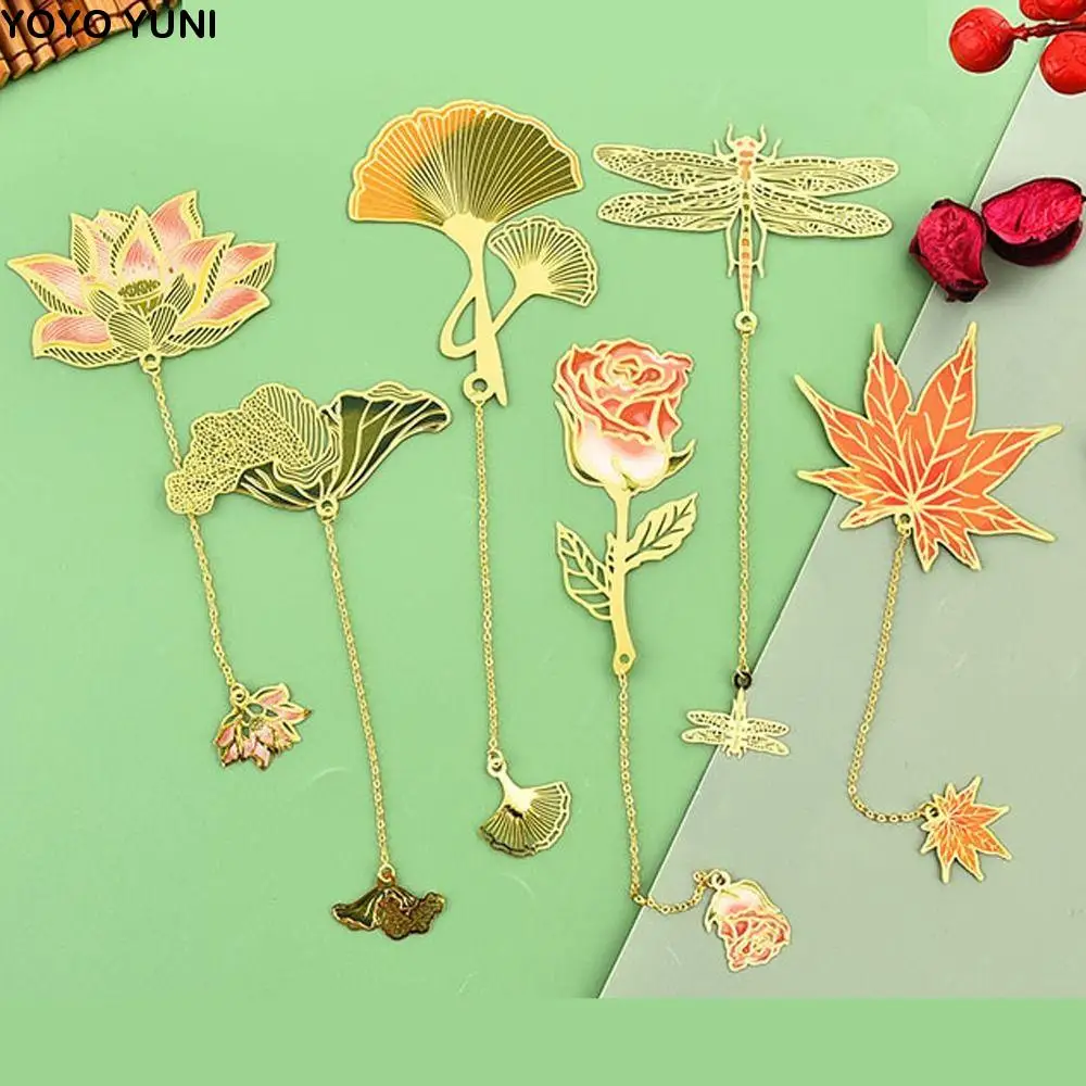 

Valentine's Day Gift Pendant Metal Bookmark Roses Dragonfly Lotus Leaf Book Mark Maple Leaves Lotus Rose Bookmark Page Marker