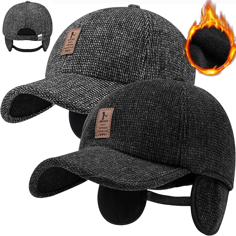 

Winter Warm Dad Hat Men's Baseball Cap With Earflap Thicken Wool Cotton Snapback Caps Ear Protection Windproof Hats Snapback