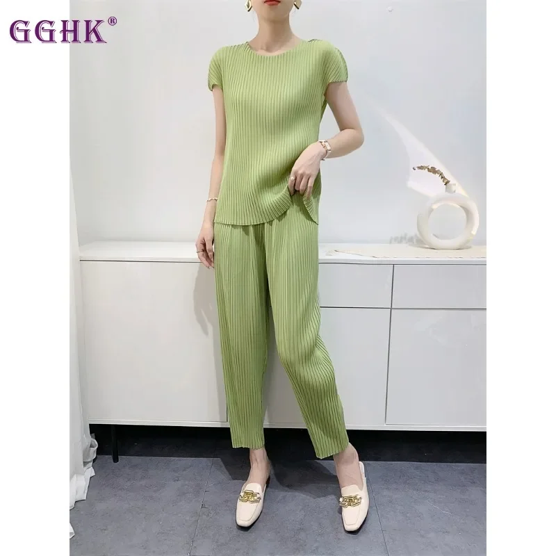 GGHK Pleated Women Suit Solid Color Round Neck Wrap Sleeve T-Shirt + Fashion Casual Small Leg Pants 2024 Summer New Female