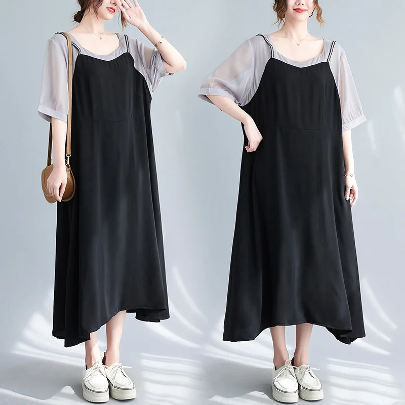 

150Kg Bust 150 Large Size Women's Summer New Loose Short Sleeve Fake Two Piece Long Sweet Dress Black 5XL 6XL 7XL 8XL 9XL