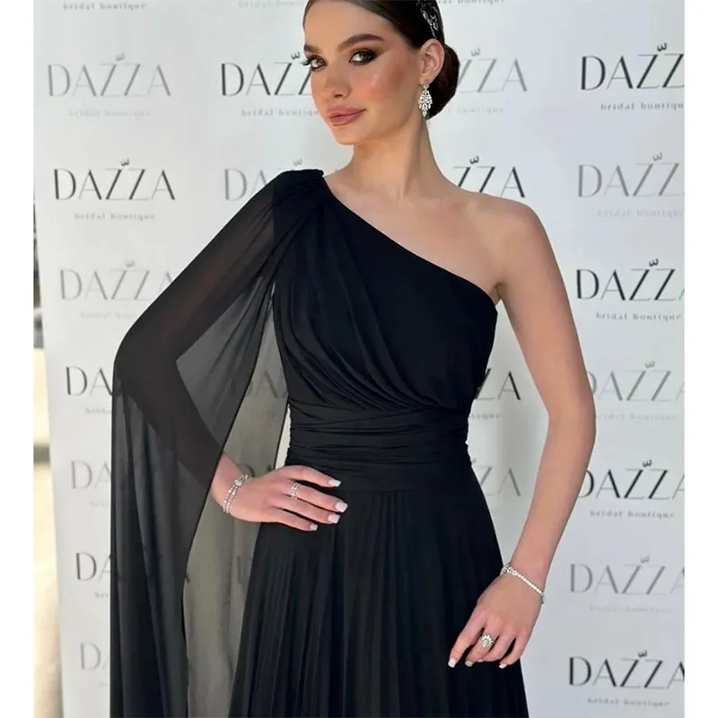 Robe de Soirée Longue Plissée en Mousseline de Soie pour Femme, Élégante, avec Cape, Ligne A, Noire, Longueur au Sol, Robes de Bal Formelles