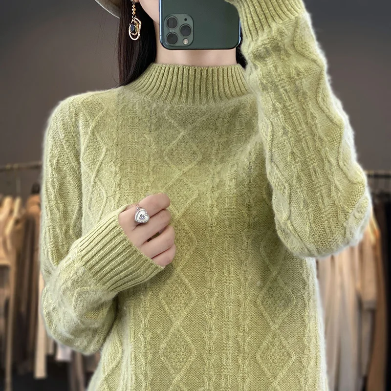 LDZWSM Autumn and winter warm women's cashmere sweater twisted floral knitted wool sweater simple neck jumper