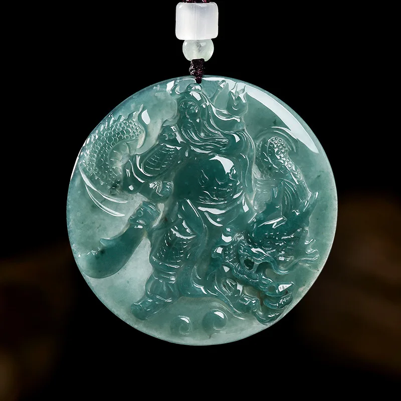 Authentic Natural A-Grade Jadeite Blue Water Dragon Guan Gong Ice Jade Pendant Necklace For Men And Women Jewelry Drop Shipping