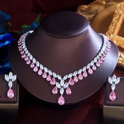 ThreeGraces Elegant Brilliant Pink Water Drop Zirconia Luxury Wedding Bridal Evening Party Jewelry Set for Women T1044
