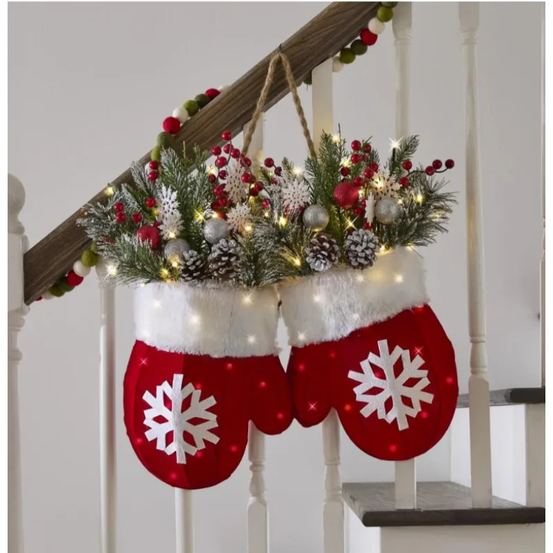 

1PC Christmas Glove&Socks Shaped Garland Simulation Pine Needles Snowflake Wreath for Home Party Window Door Sign 2025Xmas Decor