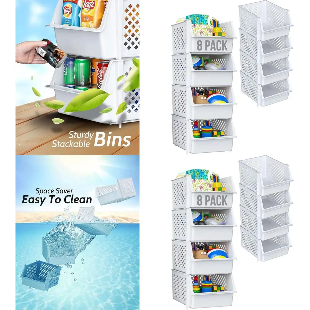 

Stackable Plastic Storage Bins Set of 8, White, for Pantry, Kitchen, and Bathroom Organization