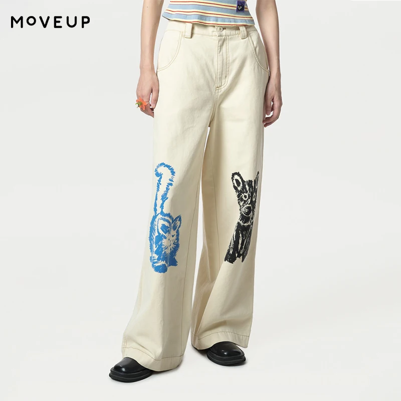 

MOVEUP Straight Leg Pants 2026 Spring New Pure Cotton Contrast Color Animal Embroidery Elastic Waist Pants For Women 324120129