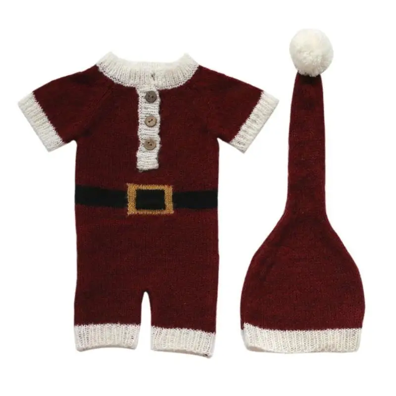 

U13F 2 Pcs Newborn Photography Props Crochet Outfit Baby Romper Hat Set Infants Photo Cap Jumpsuit Bodysuit