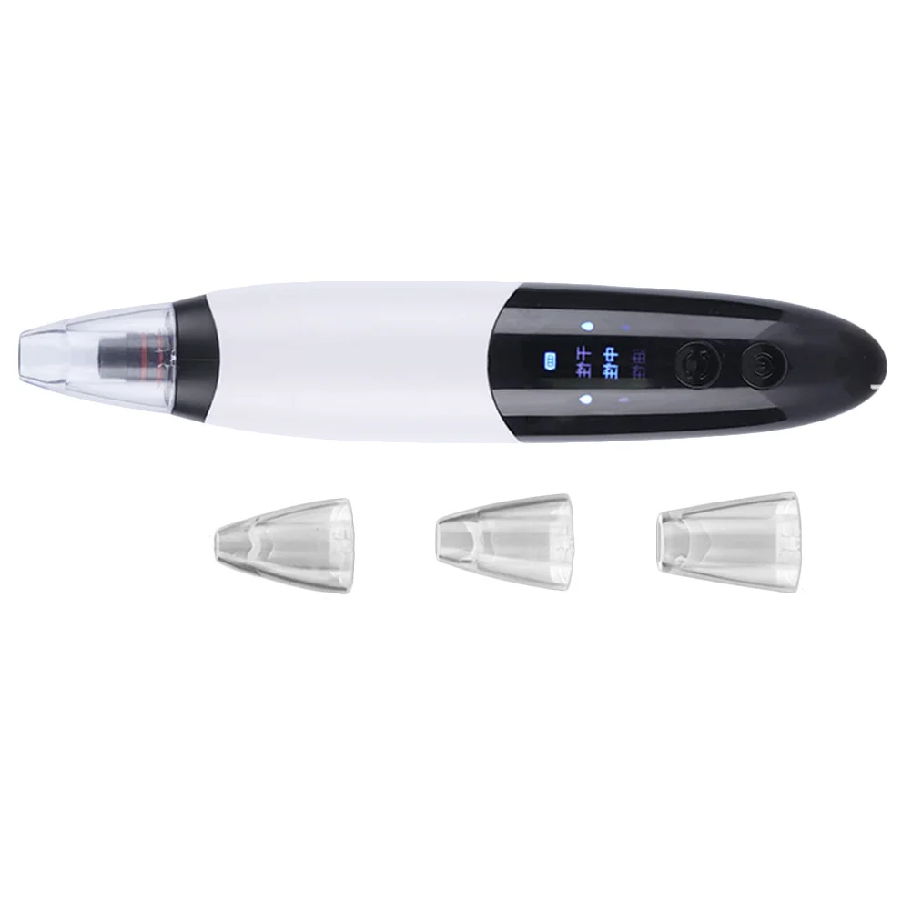 Elektryczny oczyszczacz porów z 3 regulowanymi poziomami intensywności i 3 końcówkami ssącymi do głębokiego oczyszczania twarzy, usuwania zaskórników i pielęgnacji skóry.