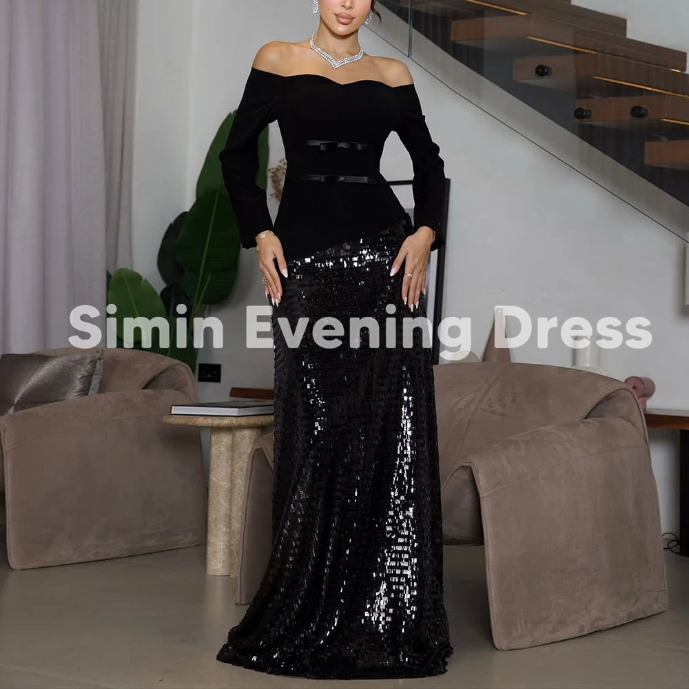 

Simin женские прямые вечерние платья в Саудовской Аравии с пайетками и вырезом лодочкой, с длинными рукавами длиной до пола, торжественное элегантное вечернее платье 2025