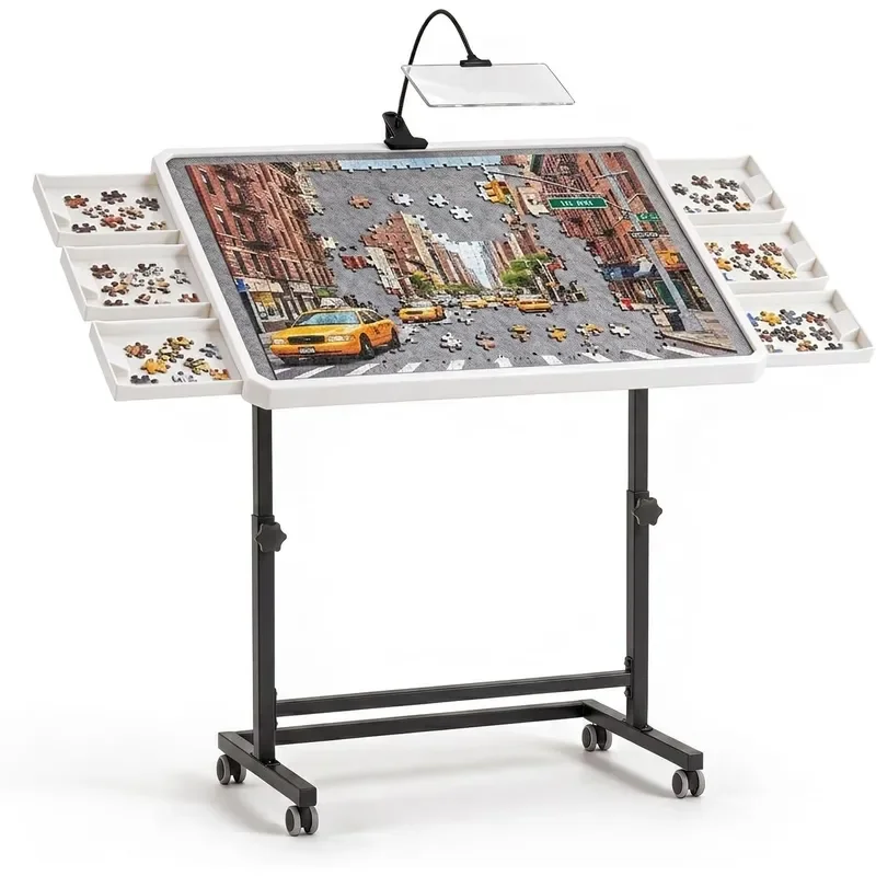 Puzzle Table with Drawers 1500pcs Adjustable Height Puzzle Table with 6 Drawers Cover and Wheels for Adults Puzzle Table with