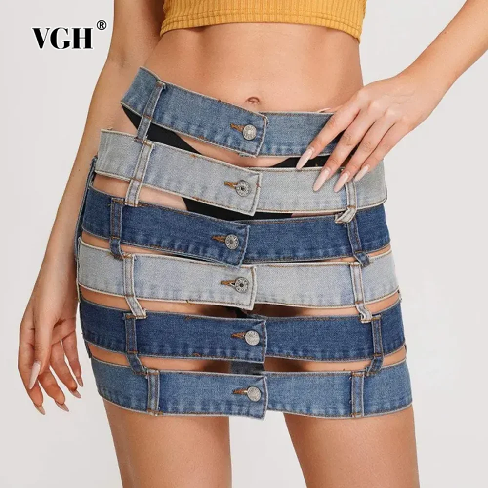 

VGH Hit Color Patchwork Pockets Streetwear Denim Skirt For Women High Waist Spliced Button Hollow Out Irregular Skirt Female New