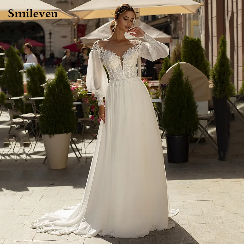 

Smileven Chiffon Boho Wedding Dress A Line Long Puff Sleeve Lace Bride Dresses Backless Appliques Wedding Gown Vestido de novia