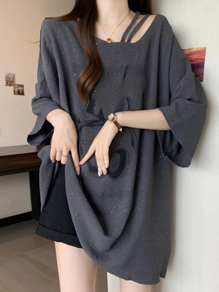 

Chic Oversized Mid-Length Short-Sleeve T-Shirt Women's Summer Slimming Sequin Neck Hanging Top Korean Style Creative Print
