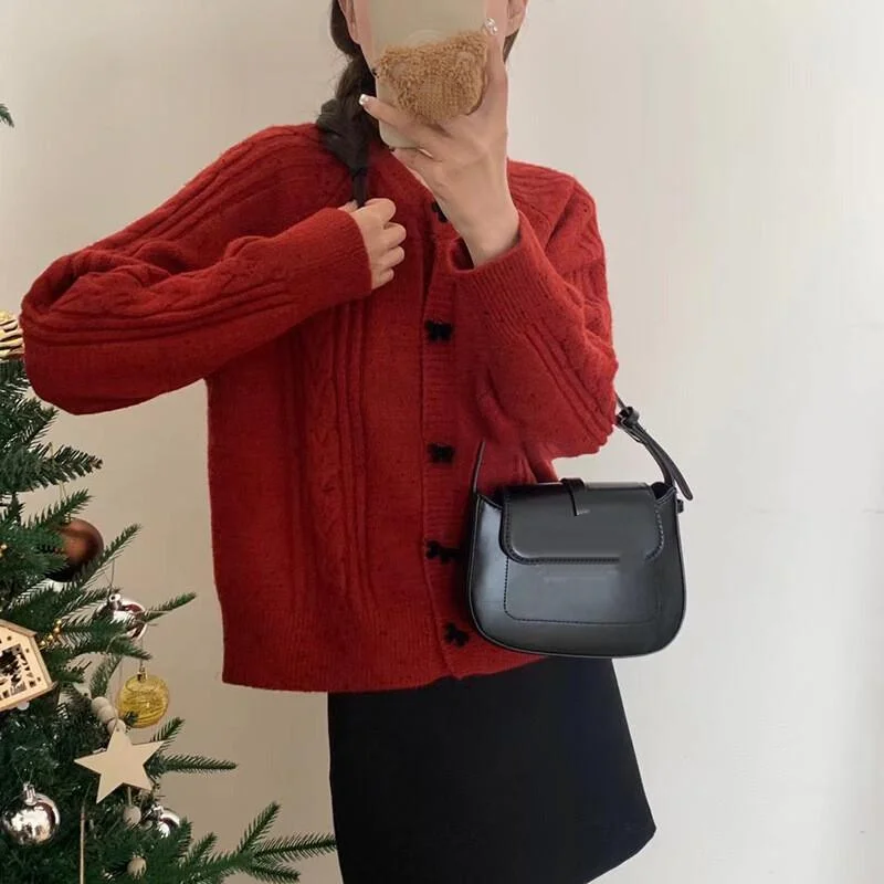 Korean Style Bow Red Sweater Coat Women Lazy Chic Soft Knit Cardigan Cozy Casual Outerwear Elegant Feminine Fashion Cute Kawaii
