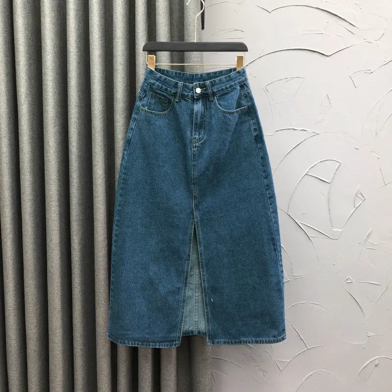 

2025ElasticaHigh-waisted bodycon skirt, slimming, suitable for commuting, denim skirt, sweet and feminine, with front slit desig