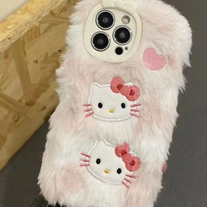 Cute Sanrio Hello Kittys peluche IPhone14 15 13 12Pro custodie Kawaii Cartoon 11promax XR 6 7 8Plus custodia protettiva ricamata regalo per ragazza