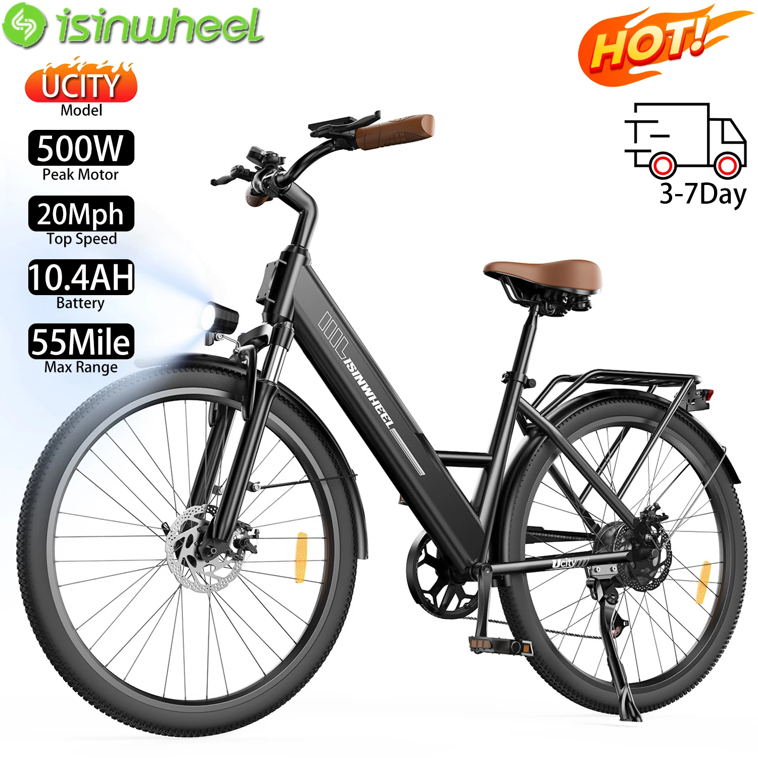 

Электрический велосипед для Adulte lsinwheel UCITY 26 "500 Вт, верхняя скорость двигателя, 20 миль в час, 36 В, 10,4 Ач, максимальный диапазон 55 миль, нагрузка 264Ibs, городской электронный велосипед