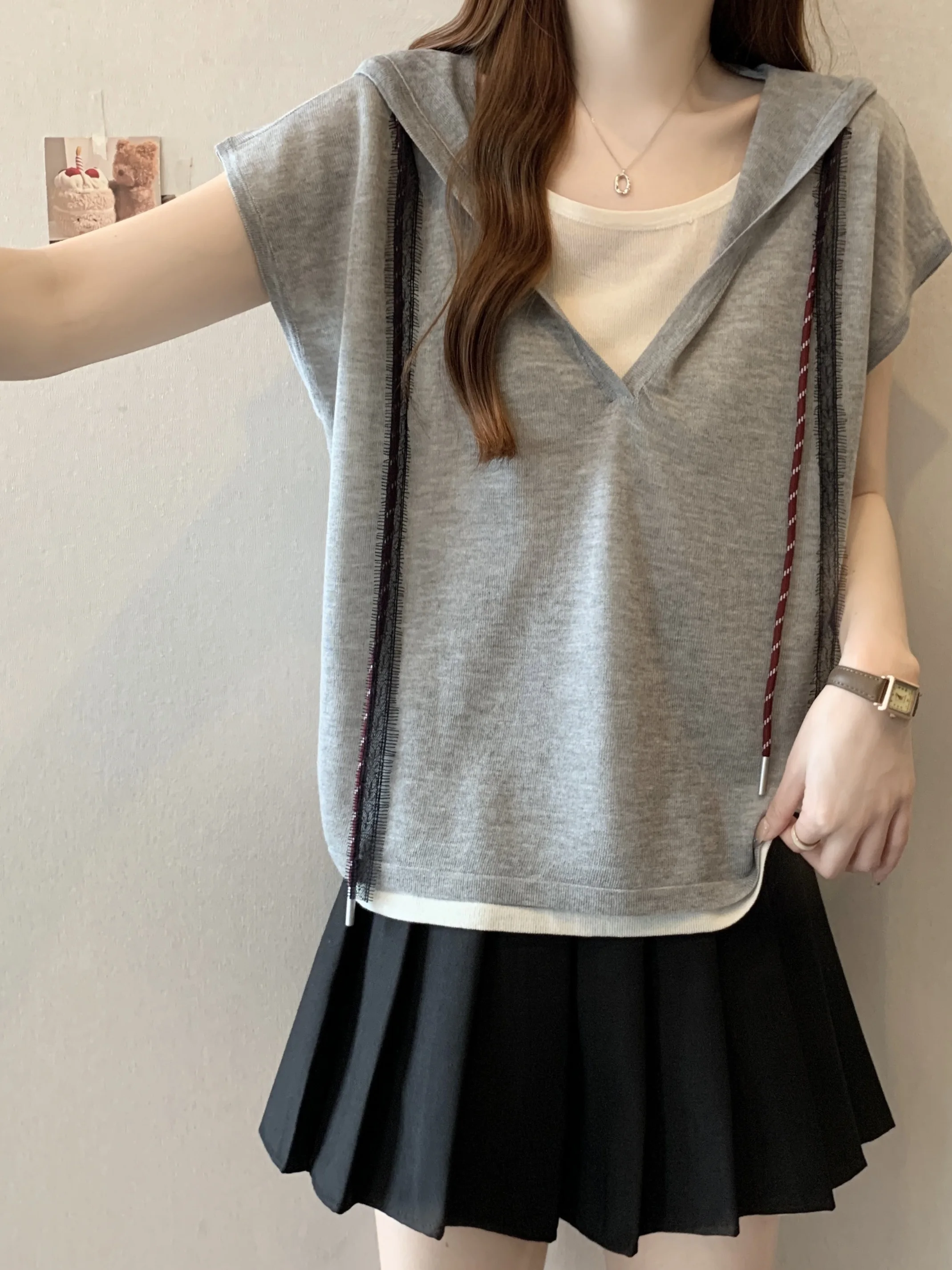 Casual Lazy Sle Dames T-shirt Zomer Plus Size Losse Veelzijdige Hoed Hoodie Jonge Faionable Grote Zus Afslanken Top