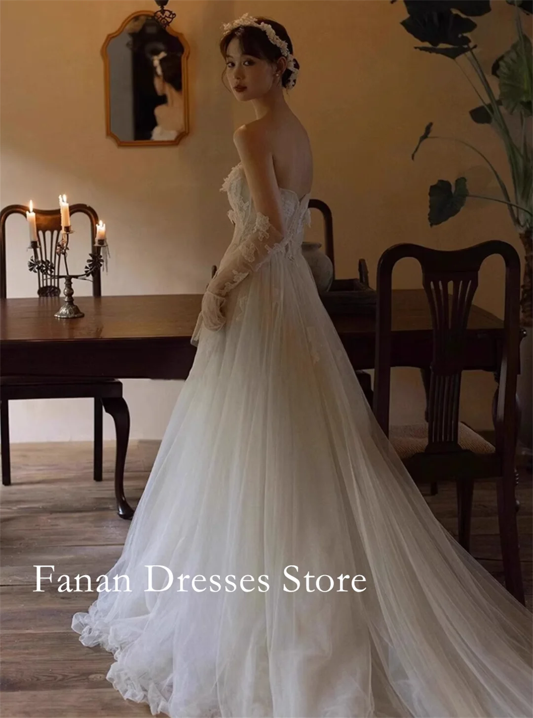 FANAN-vestidos de novia de corte en A, sin tirantes, Corea, tul, marfil, con cordones, apliques de encaje, bonitos vestidos de novia personalizados de talla grande