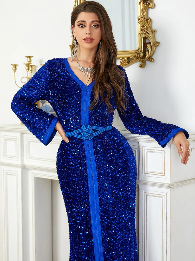 Caftán Abaya de Ramadán para mujer, vestidos de noche árabes con lentejuelas de terciopelo, vestidos musulmanes de Dubái, caftán marroquí, Vestido largo de fiesta Eid