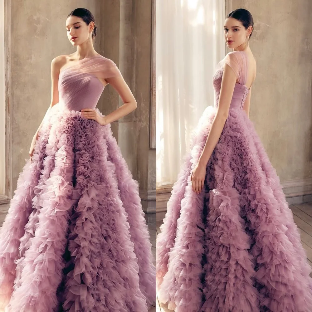 

Customized High Quality Net Ruched One-shoulder A-line Long Dresses Bespoke Occasion Quinceanera Prom Evening Gown Elegant