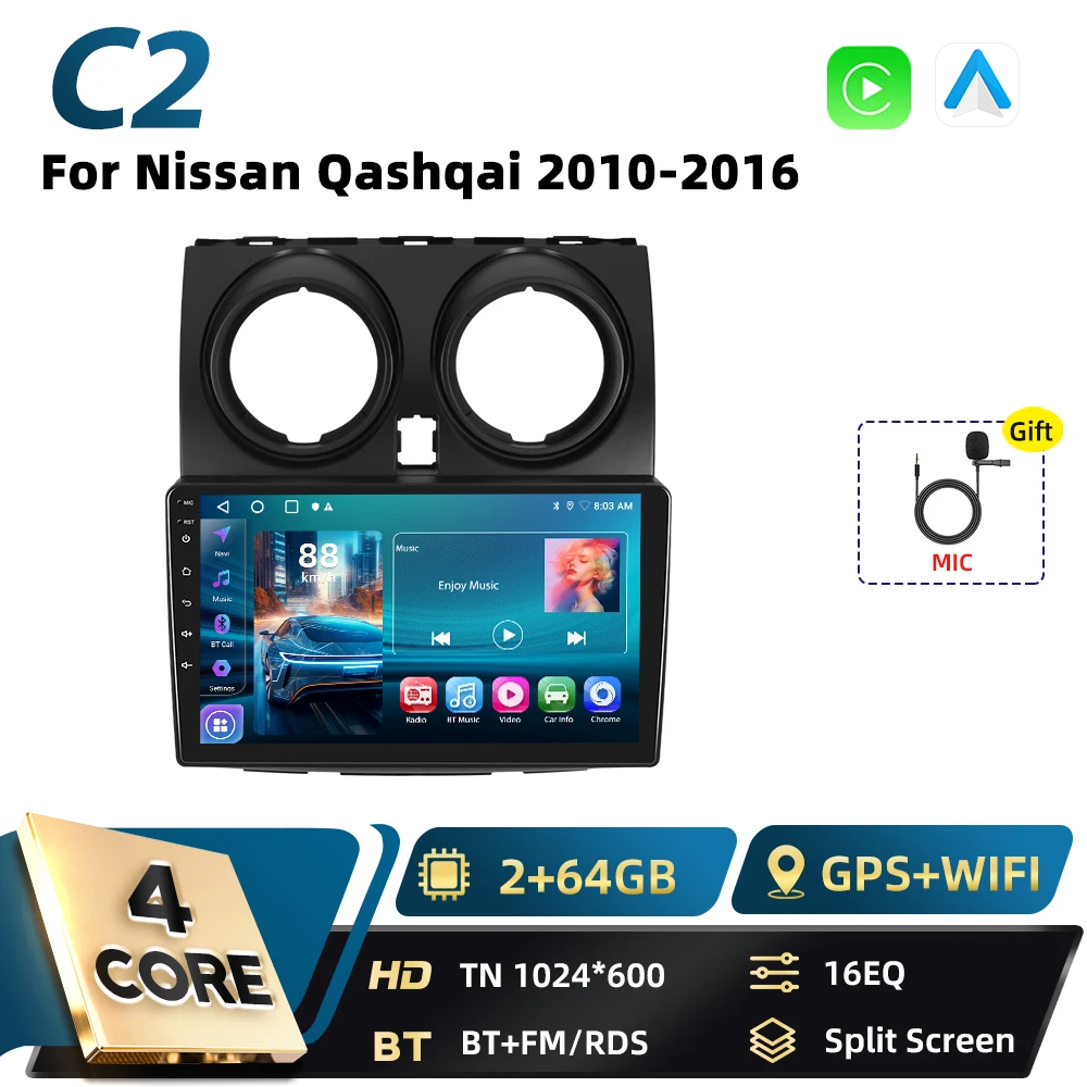 Podofo 8+128G Carplay 2DIN Android Auto Multimedia Speler voor Nissan Qashqai 2006 2007-2016 Intelligente Systemen GPS WIFI FM RDS