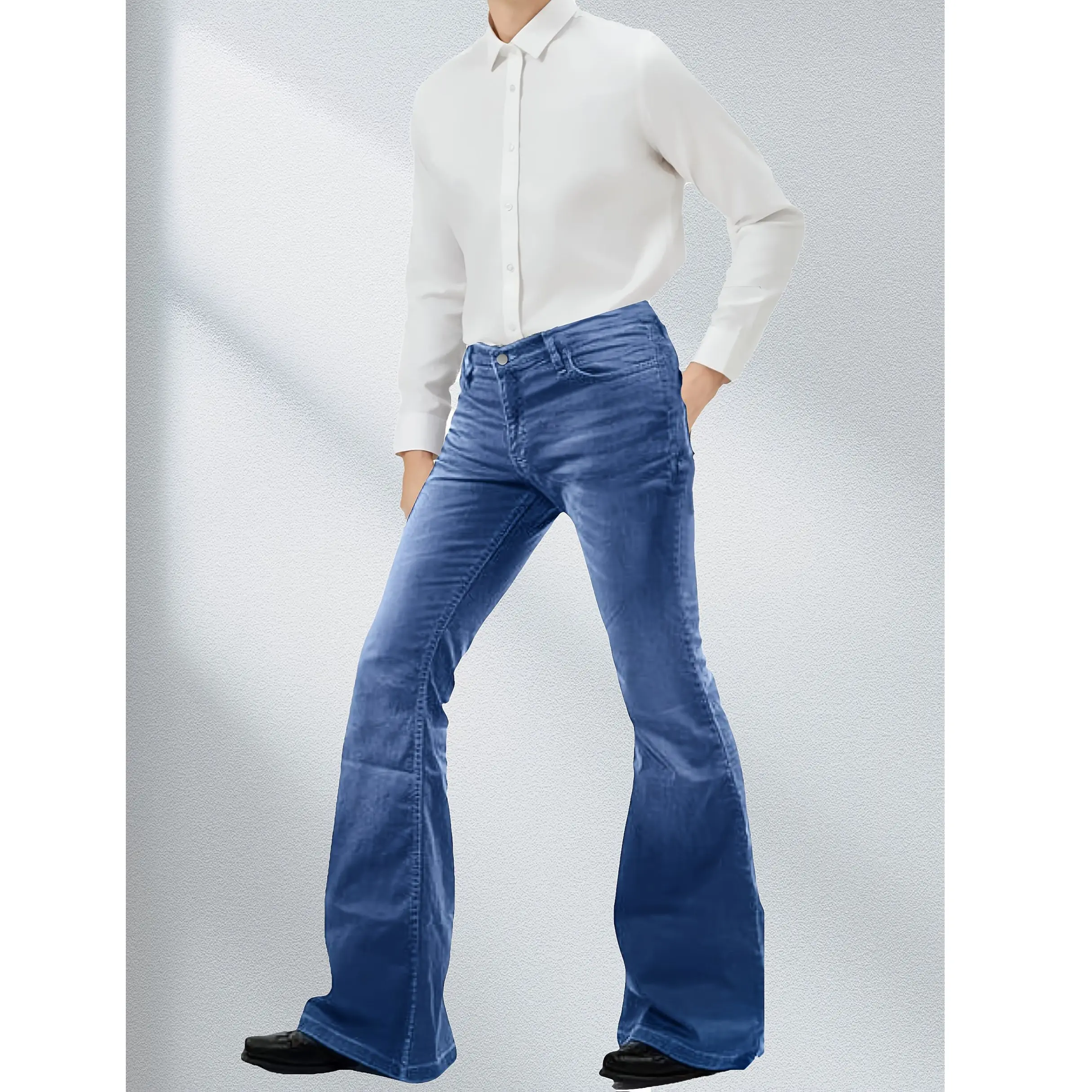 Europese en Amerikaanse trompetdiscobroek voor heren, modetrend, blauwe jeans, retro elegante micro-elastische herenbroek met wijde pijpen