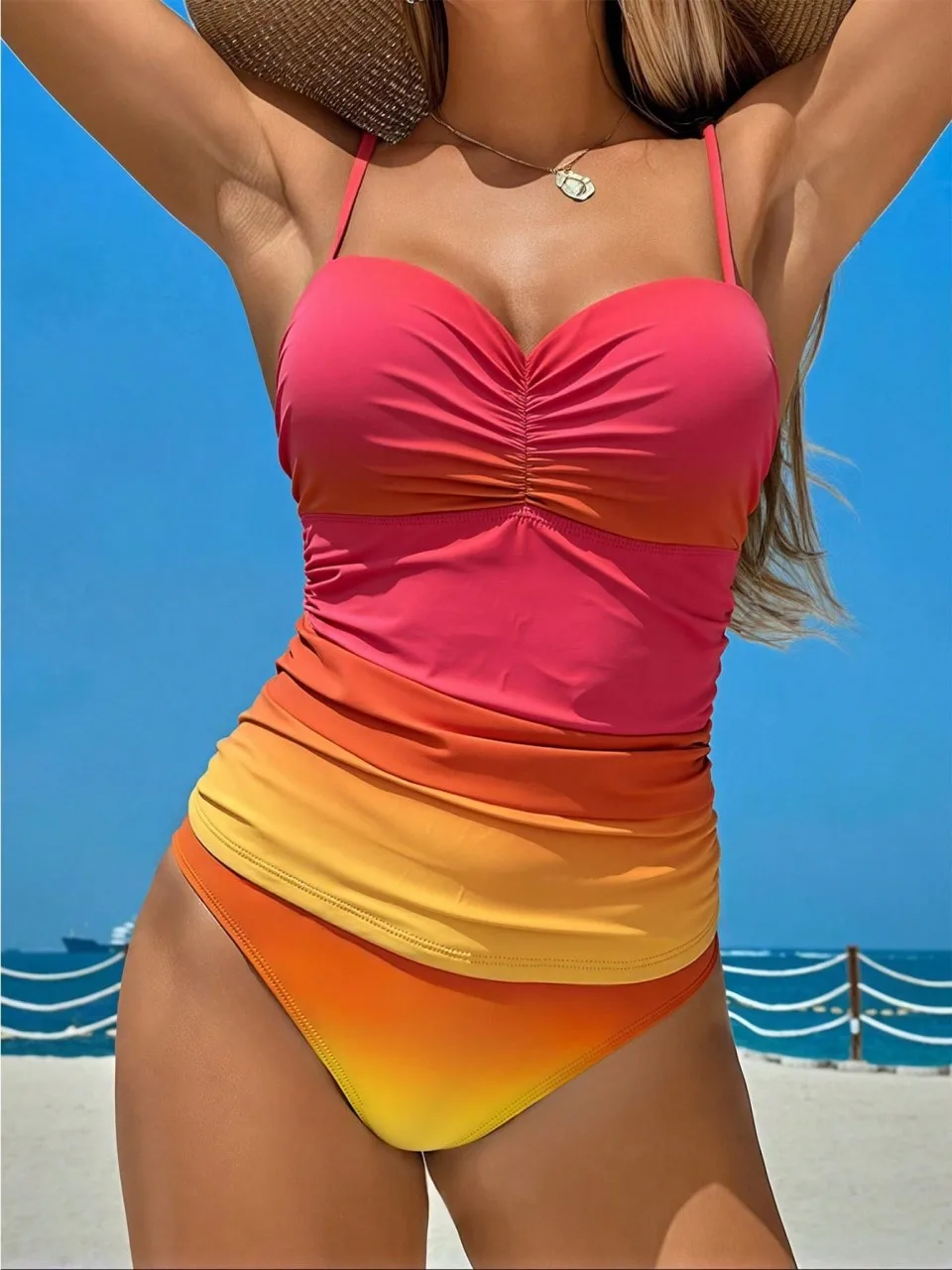2026 Gradient Printed Swimsuit Sexy Strappy Two Pieces Women Pleate Swimwear Female Bathers Bathing Swimming Swim Suit Beachwear