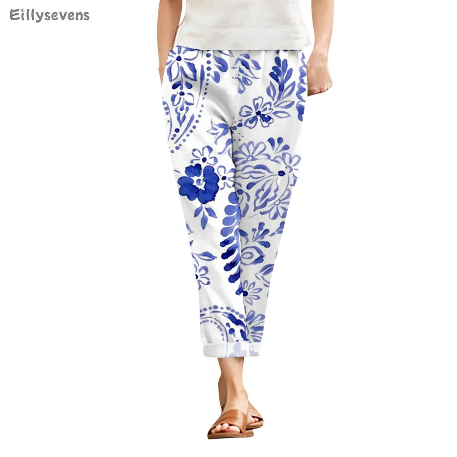 Pants For Women Casual Summer Blue and White Porcelain Color Cropped Pants Printed Cotton Linen Loose Pants with Pocket pantalon