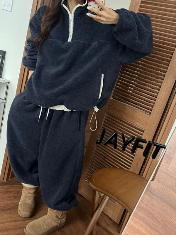 Korean Sle Warm Fluffy Loose Waist Sweatirt Women's Outerwear Elastic Waist Sweatpants Two-Piece Set Faionable Versatile